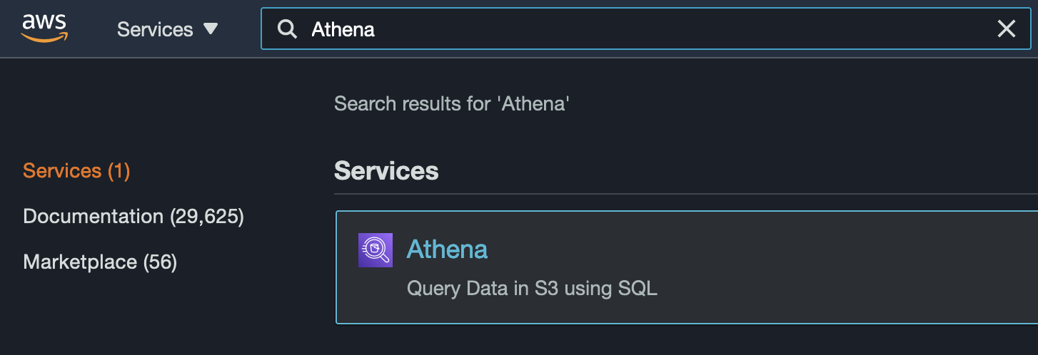 Searching for Athena in the AWS navigation bar