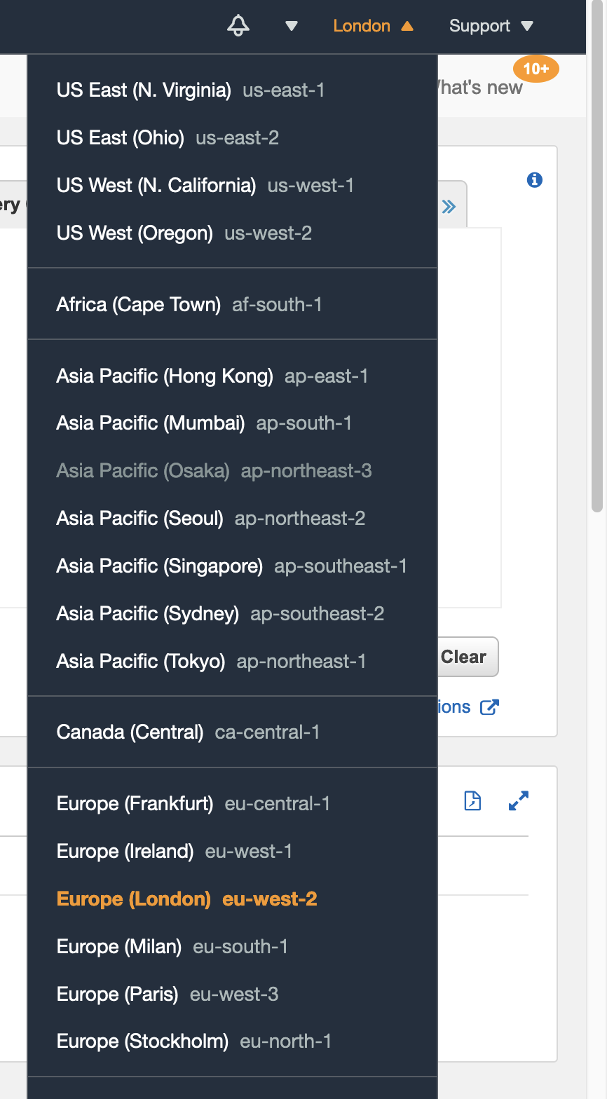 AWS Console region selector